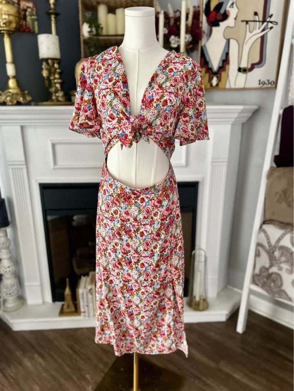 SHEIN Floral Tie-Front Cutout Maxi Dress Sz Large